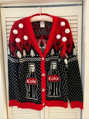 Coca-Cola Holiday Christmas Winter Polar Bear Red and Black Polka Dot Cardigan